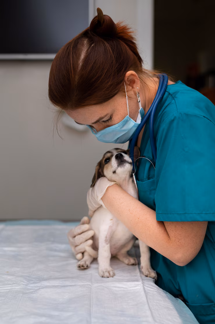Veterinaria abraza a cachorro de perro en consulta