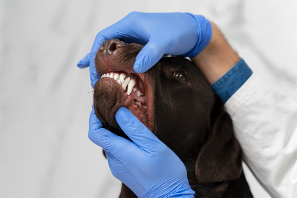 Un dentista abre la boca de un perro para mostrar sus dientes
